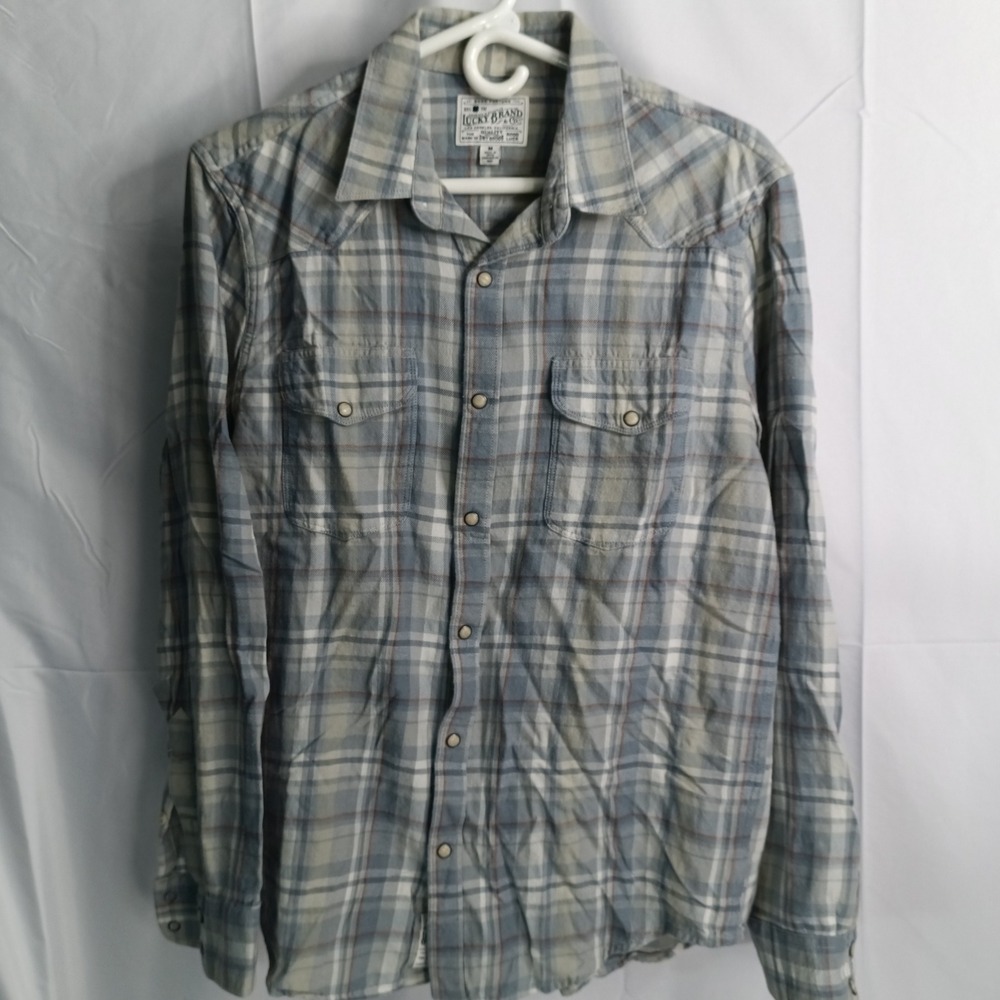 Lucky Brand Mens Medium Blue Gray Plaid Western Snap Front Long Sleeve Shirt